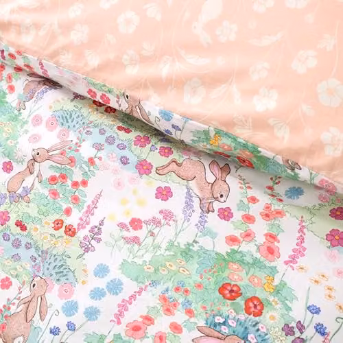 Belle & Boo Meadow Bunnies Reversible Cotton Junior Duvet Cover Set and Pillowcase, Blue and Multicolour – 2