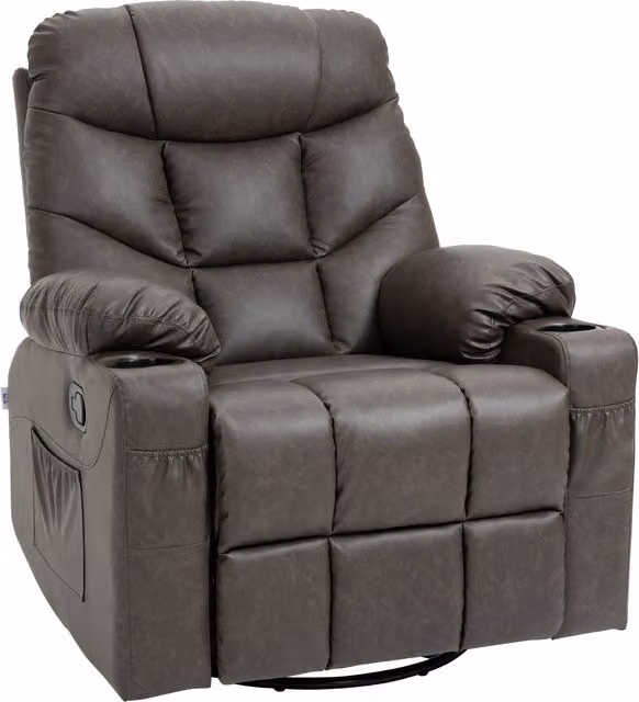 HOMCOM Brown Faux Leather Single Reclining Armchair with Cup Holders and Footrest, H 102 x W 86 x D 93 cm
