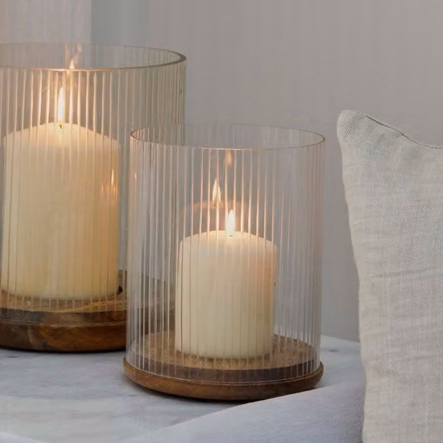 Ivyline Amelia Ribbed Glass and Wood Candle Holder in Beige and Transparent, H19.5 x D16 cm