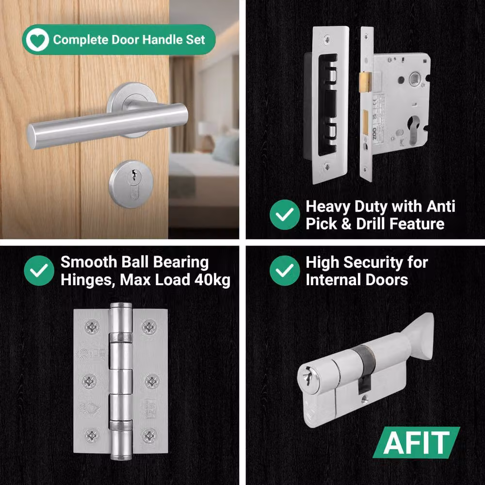 AFIT Satin T-Bar Lever on Rose Euro Lock and Hinge Kit with Thumbturn in Silver – 3
