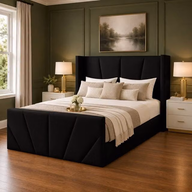 Desire Deco Carson Luxury Wingback Upholstered Velvet Bed Frame in Black, Size: 200 x 200 cm – 1