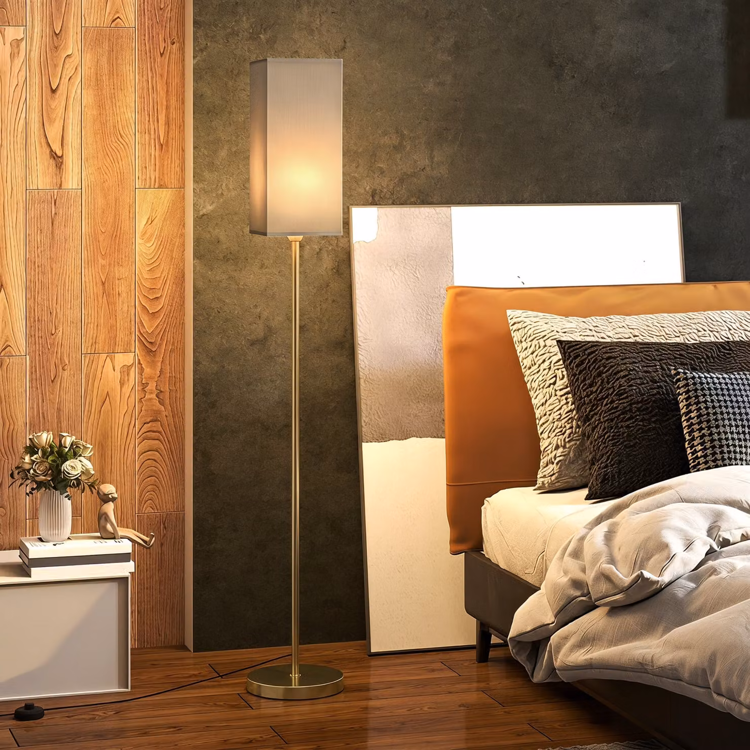 HOMCOM Modern Gold Floor Lamp with White Fabric Shade and Foot Switch – 2