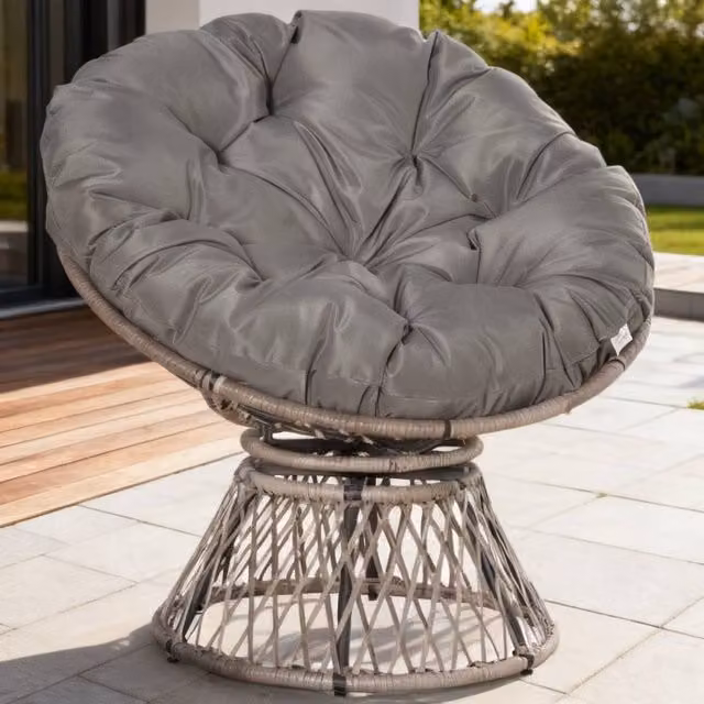 ERGOVEXA 360 Swivel Rattan Papasan Moon Bowl Lounge Chair in Grey