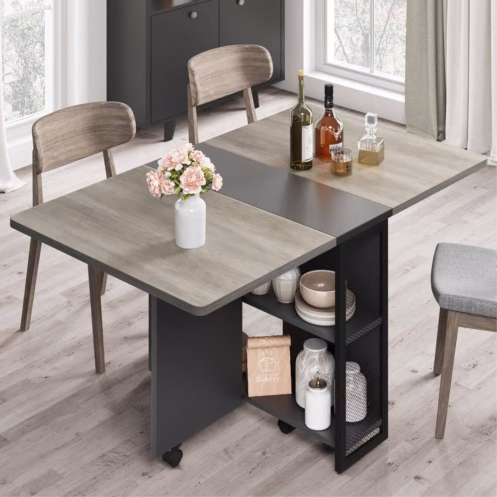 London Boutique Grey and White Mobile Drop Leaf Dining Table with Shelves and Castors – 3