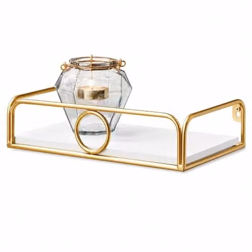 SPOT ON DEALZ White Floating Wall Shelf with Gold Ring Design, W: 30 cm, D: 18 cm, H: 6.8 cm