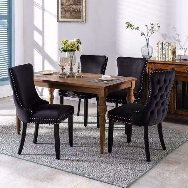 Modern Home Touch Sierra Lux Set of 4 Black Velvet Tufted Wing Back Dining Chairs with Oak Wood Legs – 1