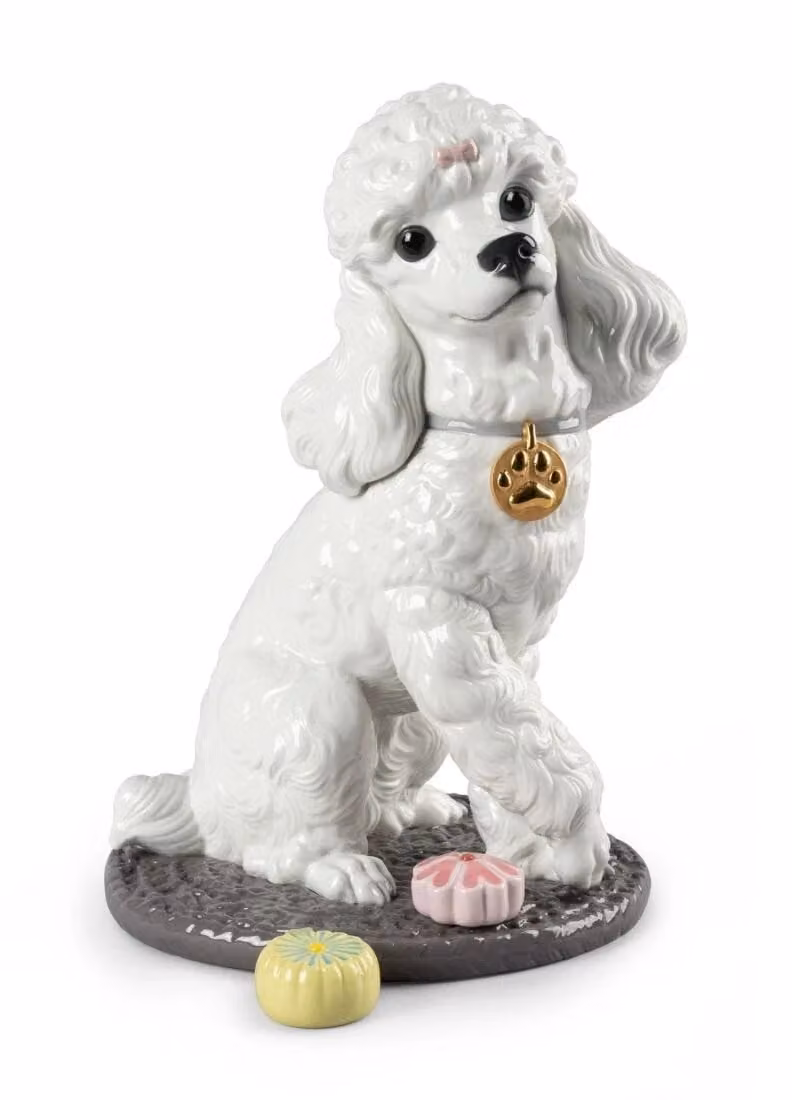 Lladró Poodle with Mochis Dog Porcelain Figurine in White