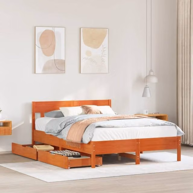 Berkfield Home Solid Wood Pine Bed Frame in Wax Brown, W/D/H: 140 x 200 cm – 1