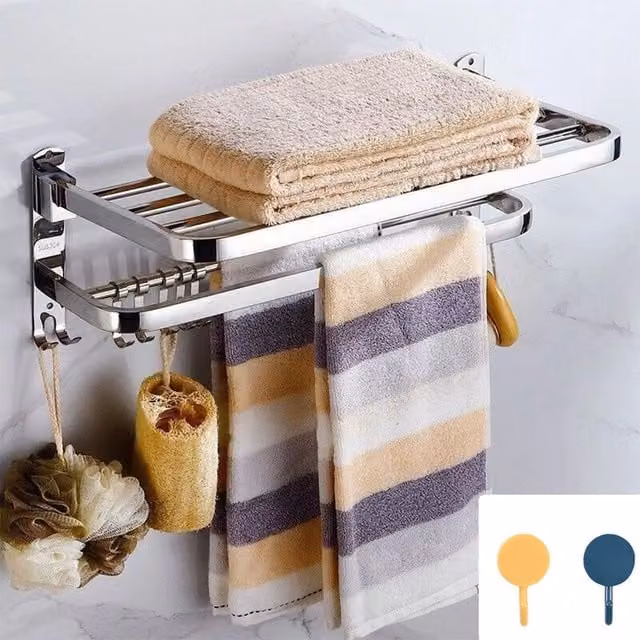Hinsinc Double Tier Wall Mounted Stainless Steel Bathroom Towel Rail with Folding Shelf and Hooks in Silver – 1