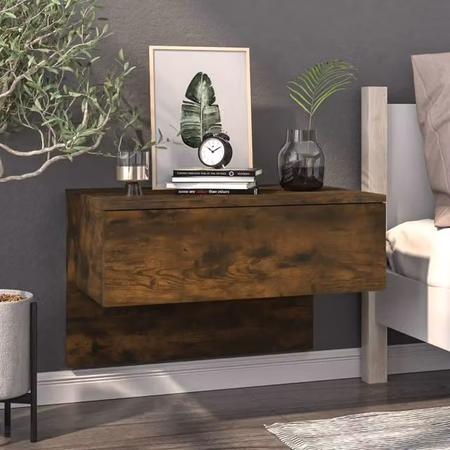 Berkfield Home Set of 2 Wall-mounted Bedside Cabinets in Smoked Oak Brown, W/D/H: 40 x 40 x 60 cm