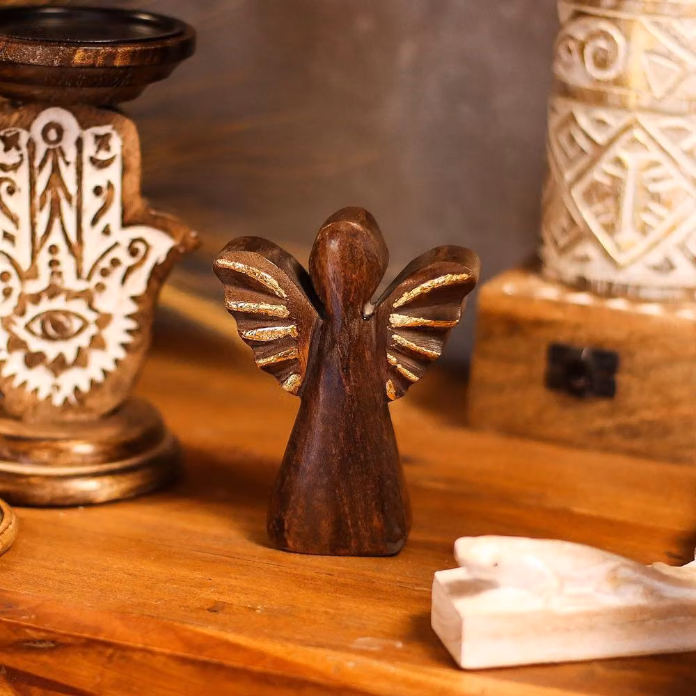 Serenityy Small Mango Wood Angel with Gold Wings in Brown – 3