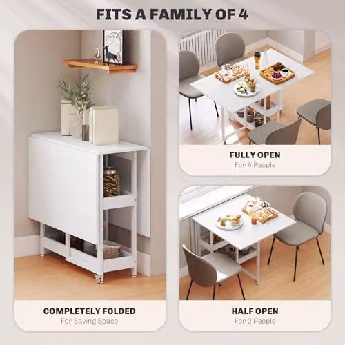 HOMCOM White Folding Drop-Leaf Dining Table for 4 Adults, W/D/H: 120 x 80 x 75 cm – 3