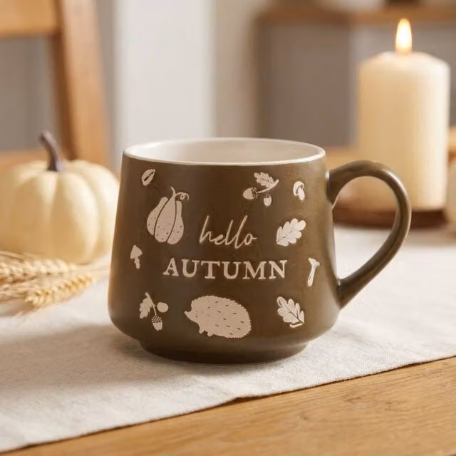Garden Greatness Hello Autumn Seasonal Slogan Mug in Beige, Brown and Multicolour Ceramic Stoneware