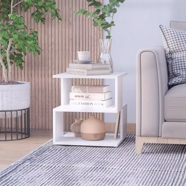 HOMCOM Modern Square 2 Tier White Wooden Side Table