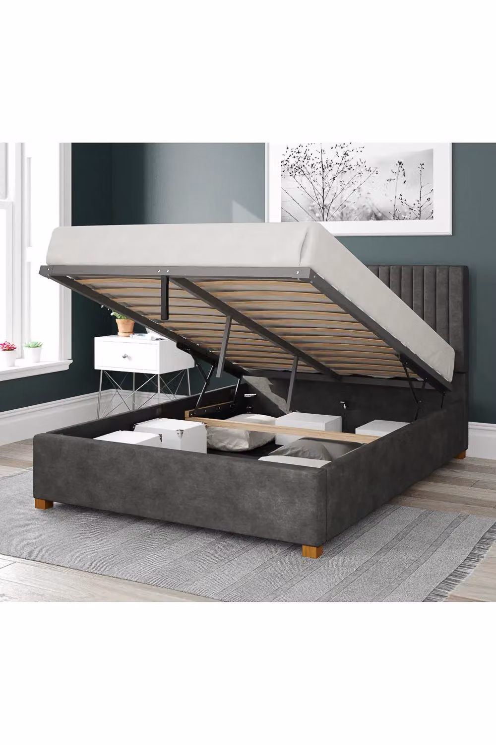 Aspire Grant Upholstered Ottoman Storage Bed in Grey Fabric, W/D/H: 140 x 200 x 35 cm – 1