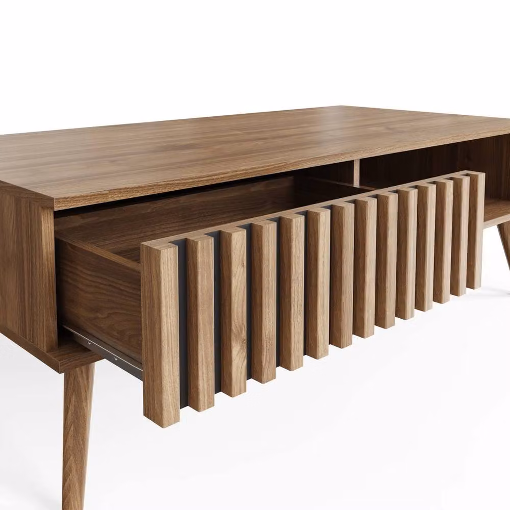 VOGREX Mid-Century Rectangular Wood Coffee Table with Storage Display Shelf in Brown and Grey – 3