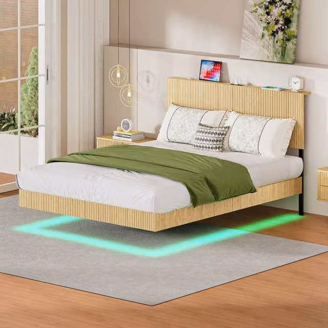 Matteo Modern Floating Bed with Fluted Headboard in Natural, featuring USB charging ports and under-bed lighting, W/D/H: 140 x 200 cm – 1