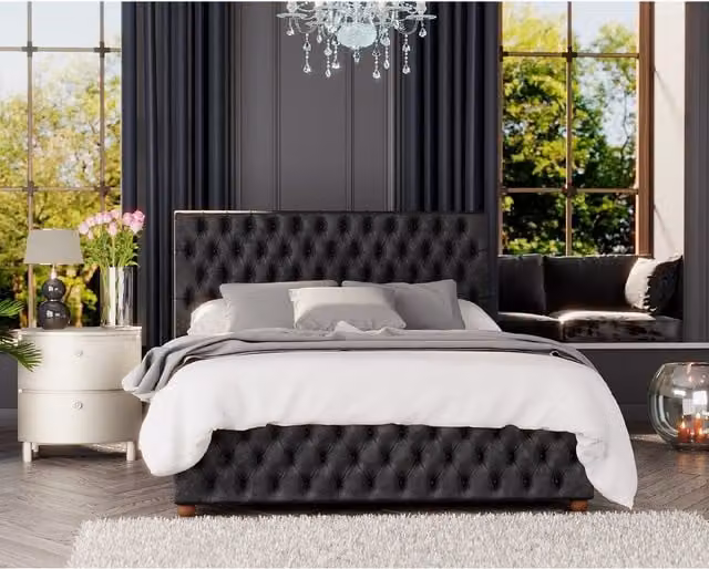 Laurence Llewelyn Bowen Seren Ottoman Storage Bed in Black Velvet Fabric, W/D/H: 140 x 200 cm