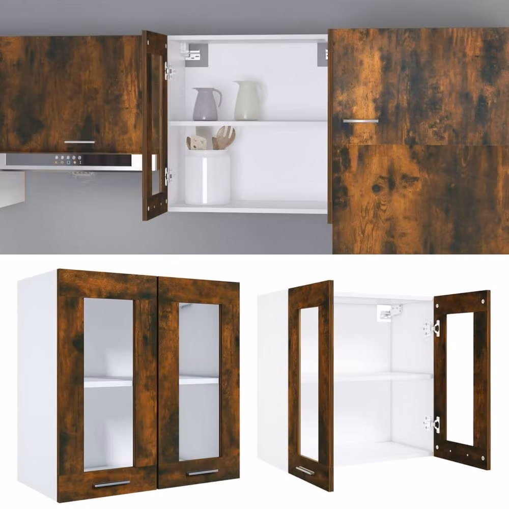 Berkfield Home Hanging Glass Cabinet in Smoked Oak Brown, W: 60 cm, D: 31 cm, H: 60 cm – 3