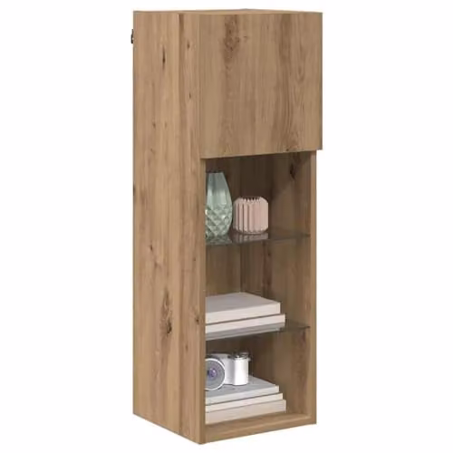 vidaXL Modern Wall-mounted TV Cabinet in Oak Brown with Glass Doors and Integrated Lighting, W/D/H: 90 x 30 x 30 cm