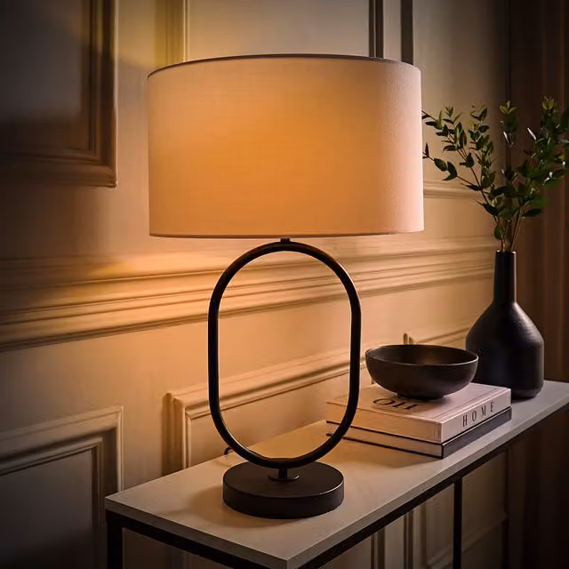 ValueLights Antonia Art Deco Oval Table Lamp with Black Metal Base, Beige Fabric Drum Shade and LED Bulb