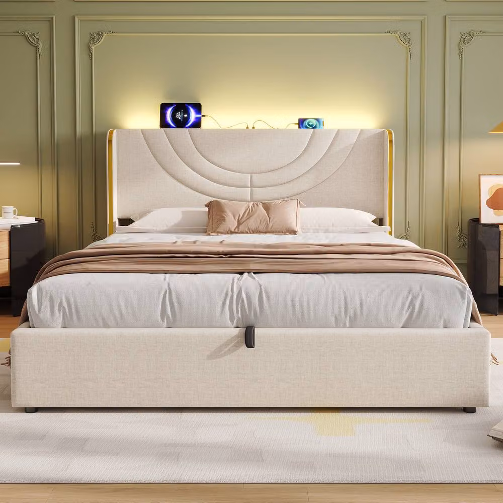Rolipo King Size Upholstered Bed Frame in Beige with Hydraulic Storage, LED Under-Bed Lighting and USB Charging Port, W/D/H: 140 x 200 cm – 3