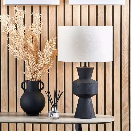 Ruma Mango Wood Contemporary Table Lamp with Black Linen Drum Shade