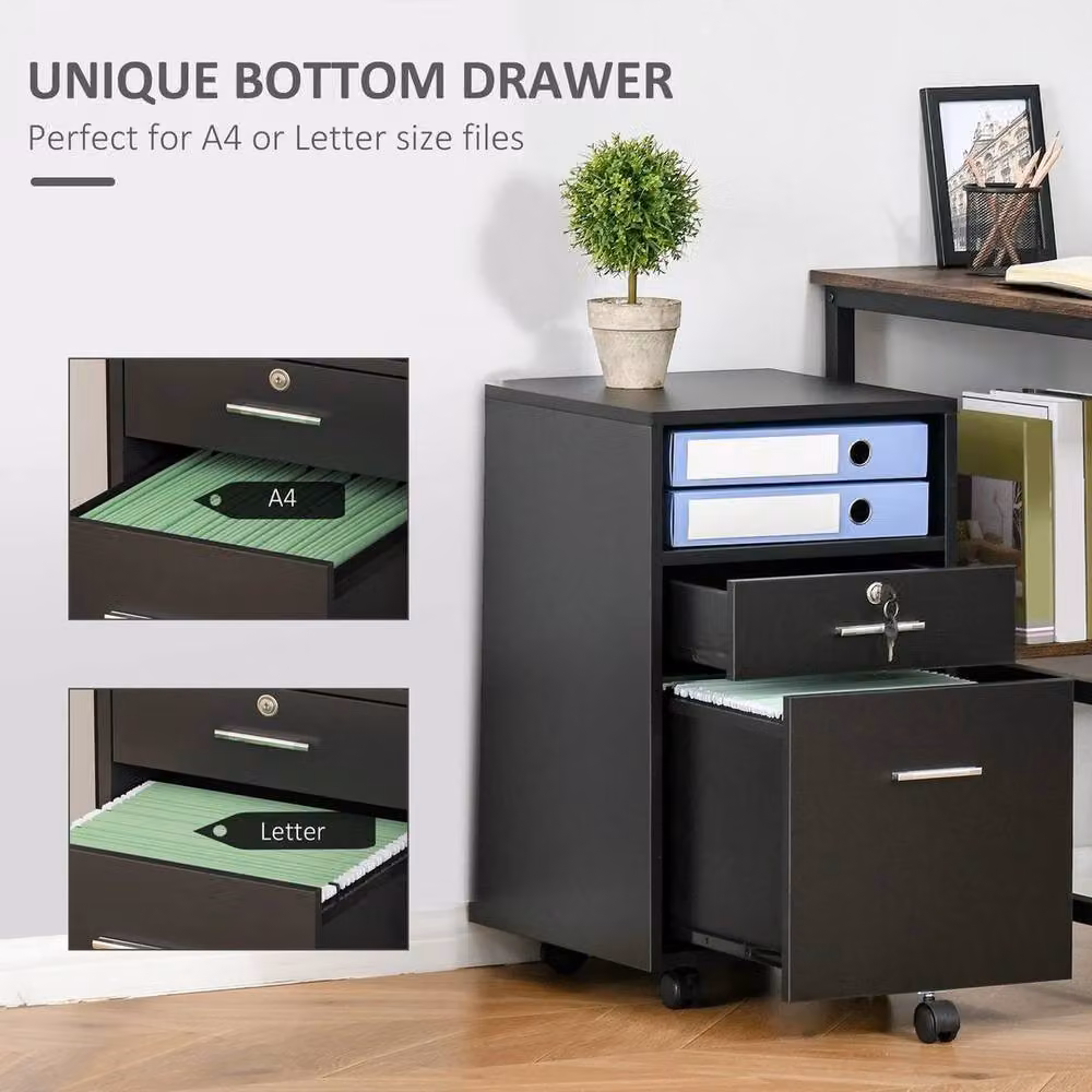 EONLION Lockable Mobile File Cabinet in Black Metal – 4