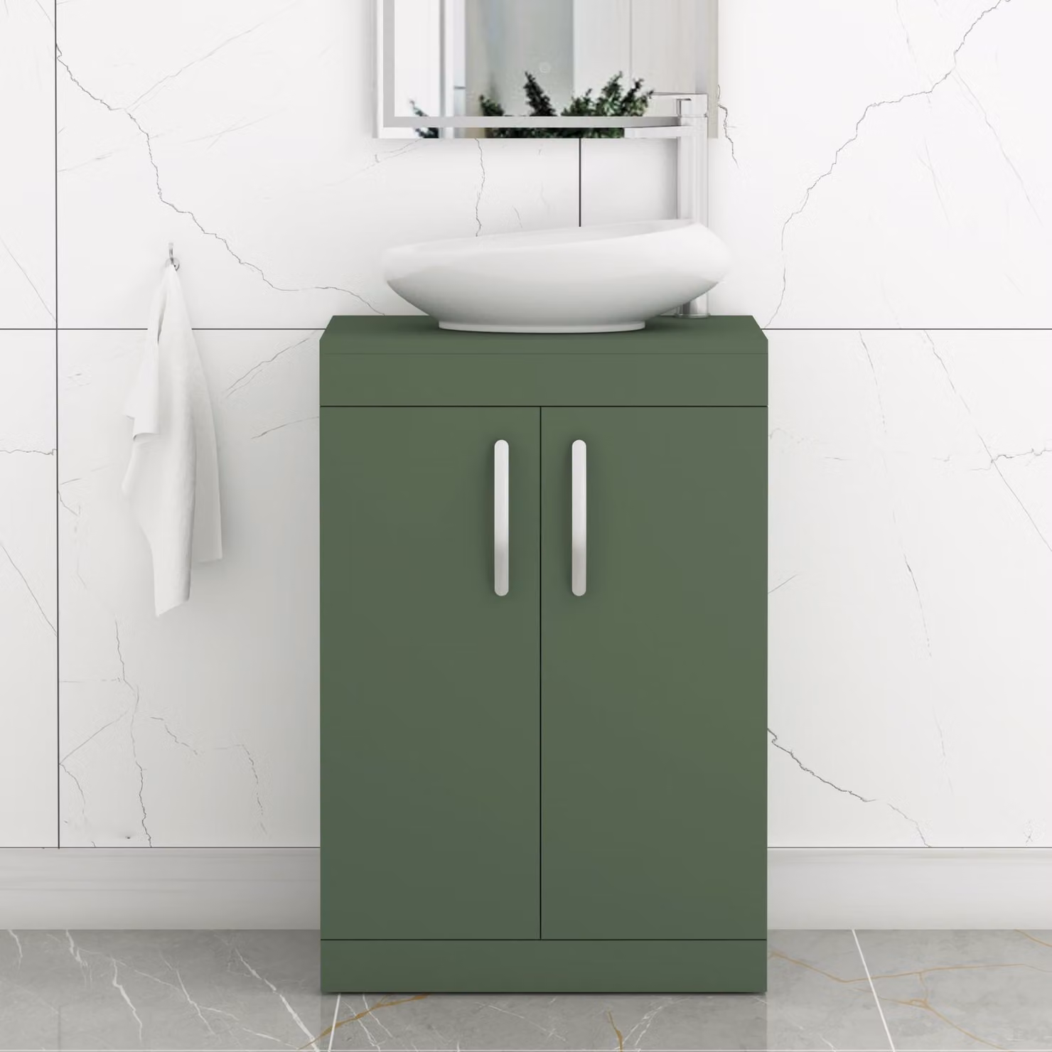 Royal Bathrooms Turin 600mm Floor Standing 2 Door Vanity Unit with Nova Countertop Basin in Matt Green and Matt Black Handles