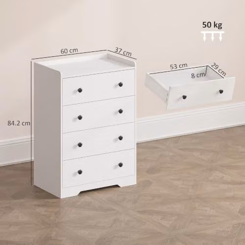 HOMCOM Modern 4 Drawer Chest of Drawers, White Wood Effect Storage Cabinet – 2