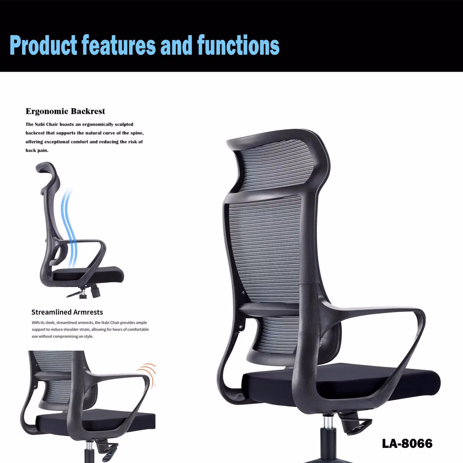 JFY Ergonomic Black Fabric Office Chair with Height Adjustable Headrest and Armrests – 3