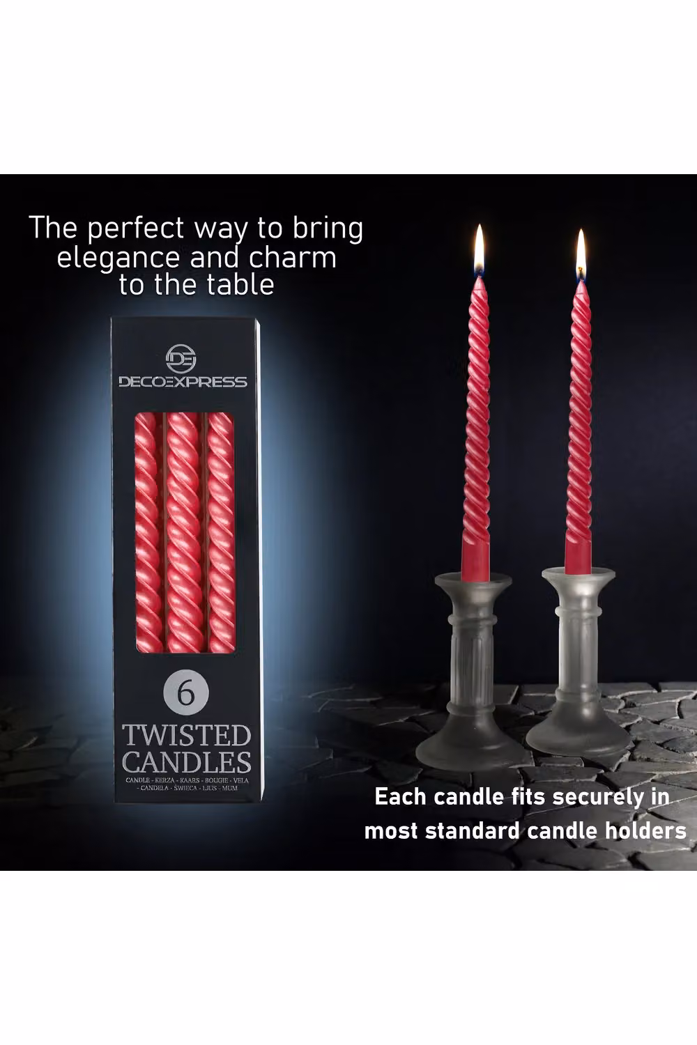 Deco Express Non-Scented Twisted Non-Drip Dinner Candles, Metallic Red, Pack of 6 – 7