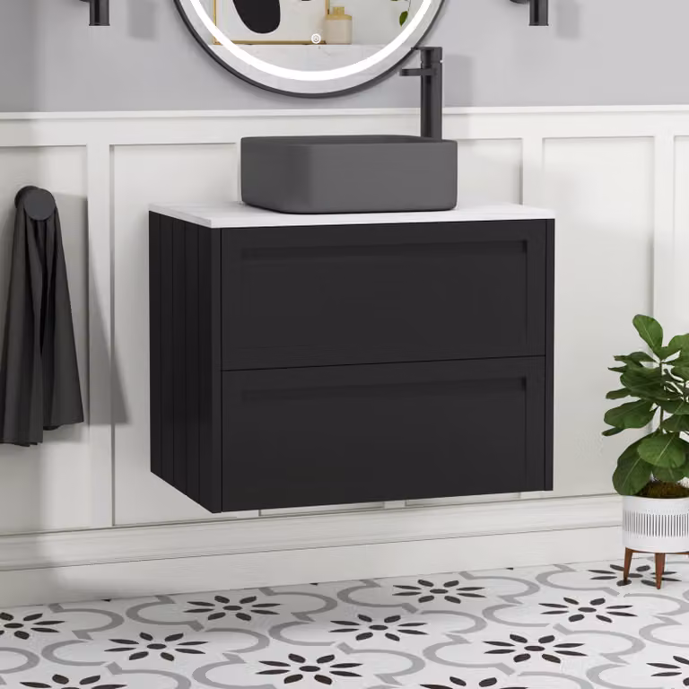 Royal Bathrooms Elmore Wall Hung Vanity Unit with Art Square Basin in Matt Nocturne Black, Width: 70 cm