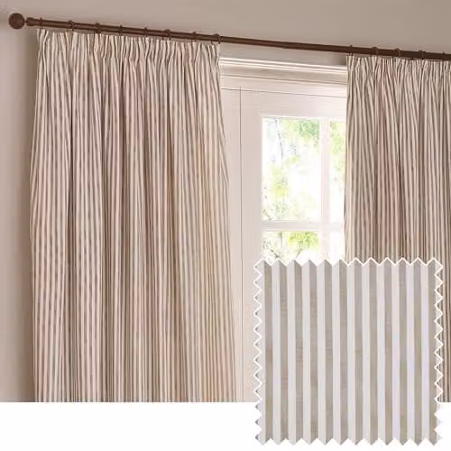 Riva Home Yard Hebden Striped Pencil Pleat Cotton Curtain Pair, Beige/Sand, W: 168 cm, H: 229 cm
