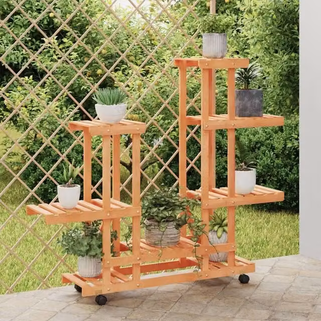 Berkfield Home Retro Wooden Flower Stand with Wheels in Brown, W/D/H: 95 x 25 x 101 cm