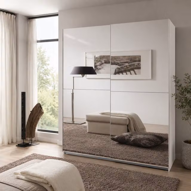 Queen 180cm White Mirrored Sliding Wardrobe with Internal Shelves and Hanging Rod