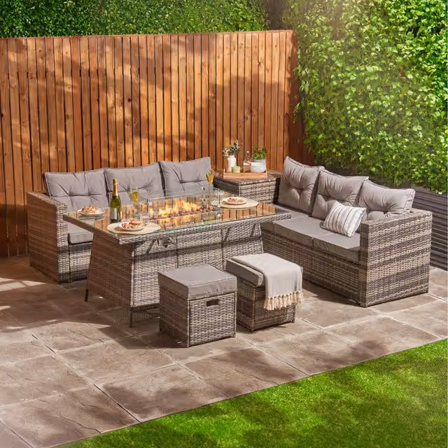 Home Treats Modern Grey Rattan Garden Furniture Set with Glass and Metal Fire Pit Table