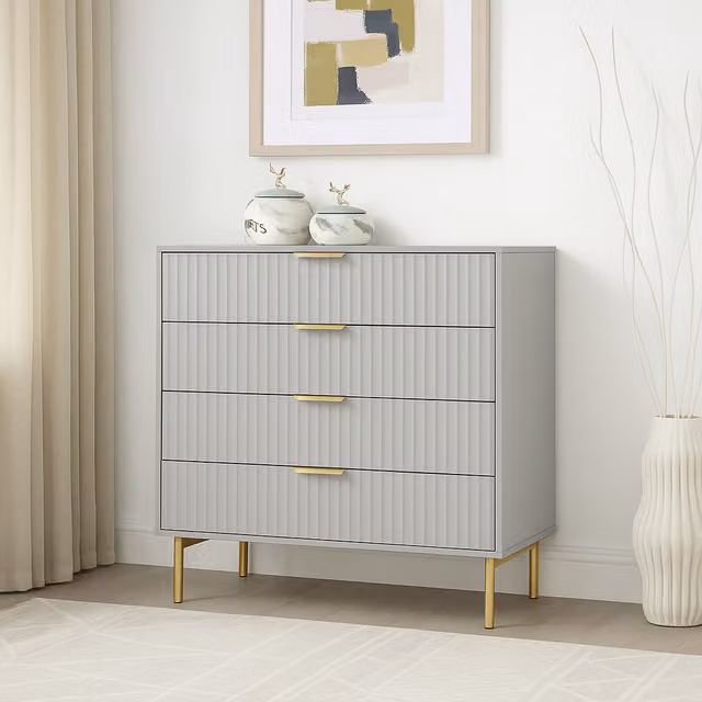 Home Treats Ridged Bedroom Furniture Set in White with Gold and Grey Accents, including Wardrobe, Bedside Table and 80cm Chest of 4 Drawers