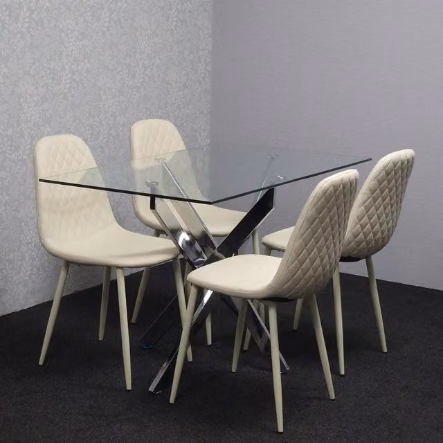 Kosy Koala Modern Rectangular Glass Dining Table and Cream Leather Chair Set