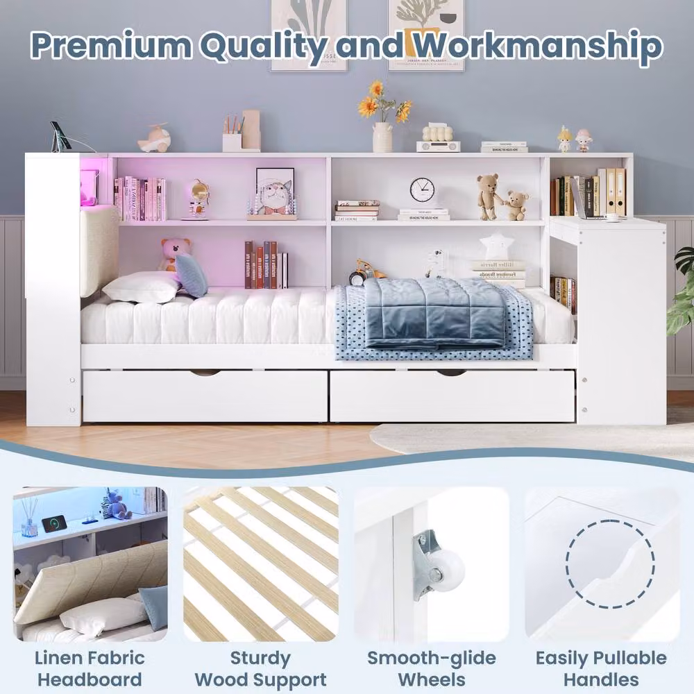 Merax White Single Corner Cabin Bed with Desk, LED Lighting, USB Charging Port and Drawers, W/D/H: 190 x 90 x 220 cm – 3