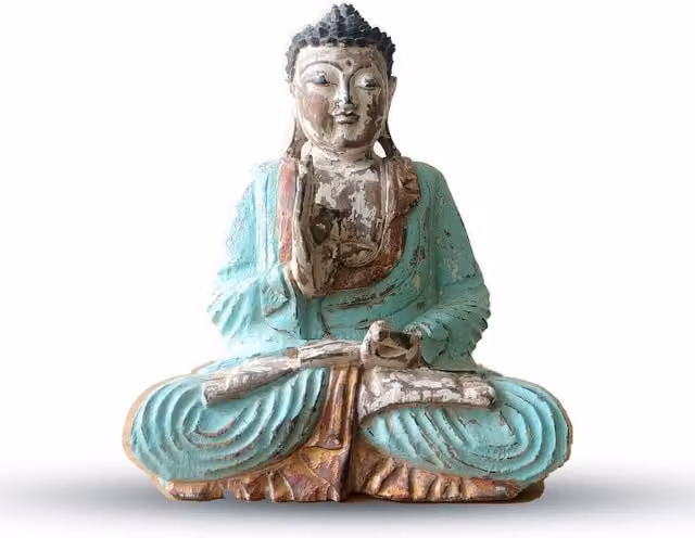 KDMK Vintage Hand Carved Green Buddha Statue, Teaching Transmission, Height: 30 cm