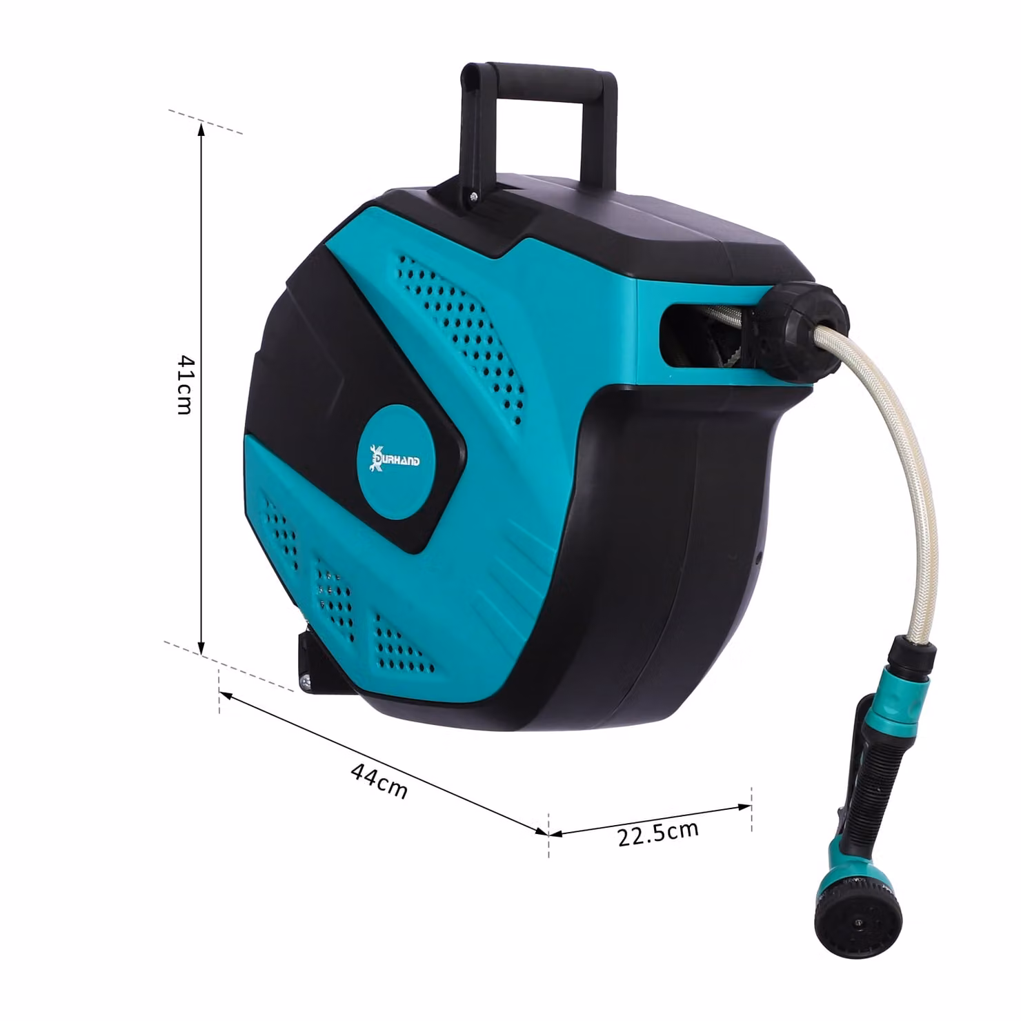 DURHAND Wall Mounted Garden Hose Reel with 15m Auto Rewind and 7 Pattern Spray Nozzle, Turquoise – 3