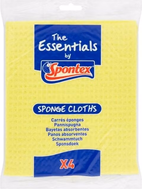 Spontex Essentials Sponge Cleaning Cloths, Yellow, Pack of 4