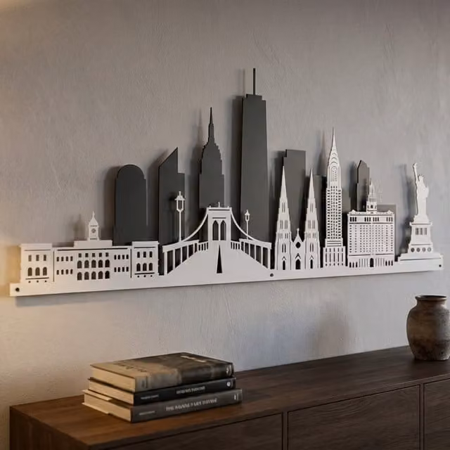 Laser Hut New York Skyline Metal Wall Art in Grey and White