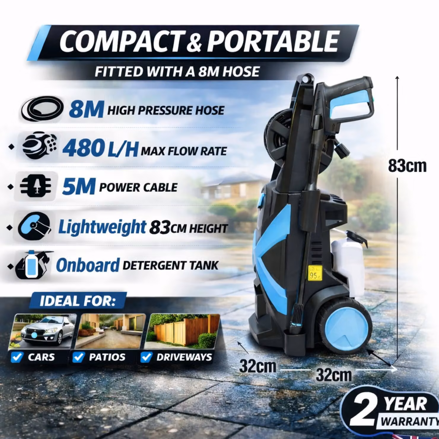 Pro-Kleen Electric Pressure Washer in Black, 2200W with 165 Bar Max Pressure and 8m Hose – 2