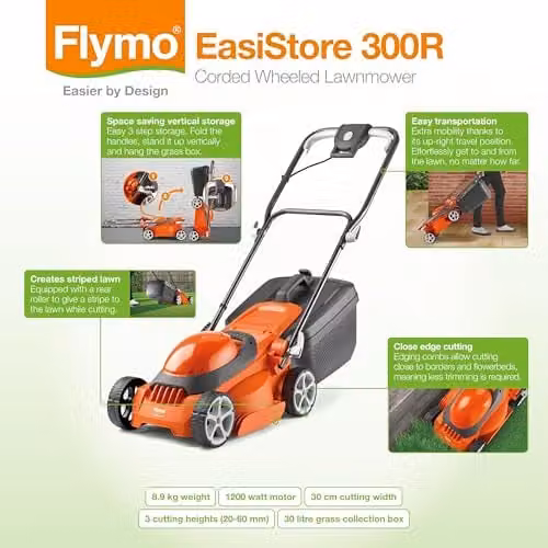Flymo EasiStore 300R Corded Electric Wheeled Lawnmower in Orange and Grey with Collection Bag – 2