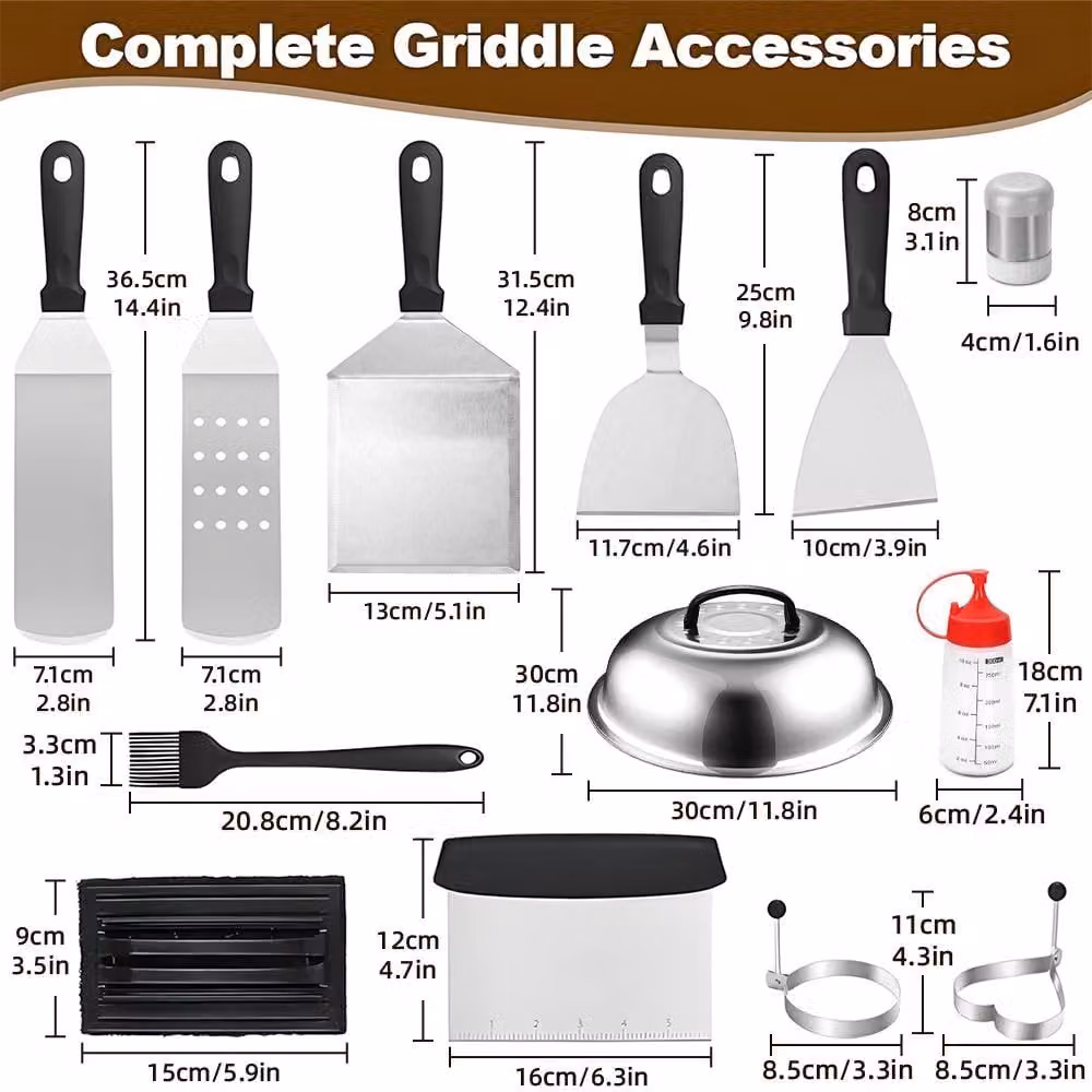 YnysTec 17 Piece Stainless Steel BBQ Griddle Tool Set with Dome and Carry Bag in Silver – 2