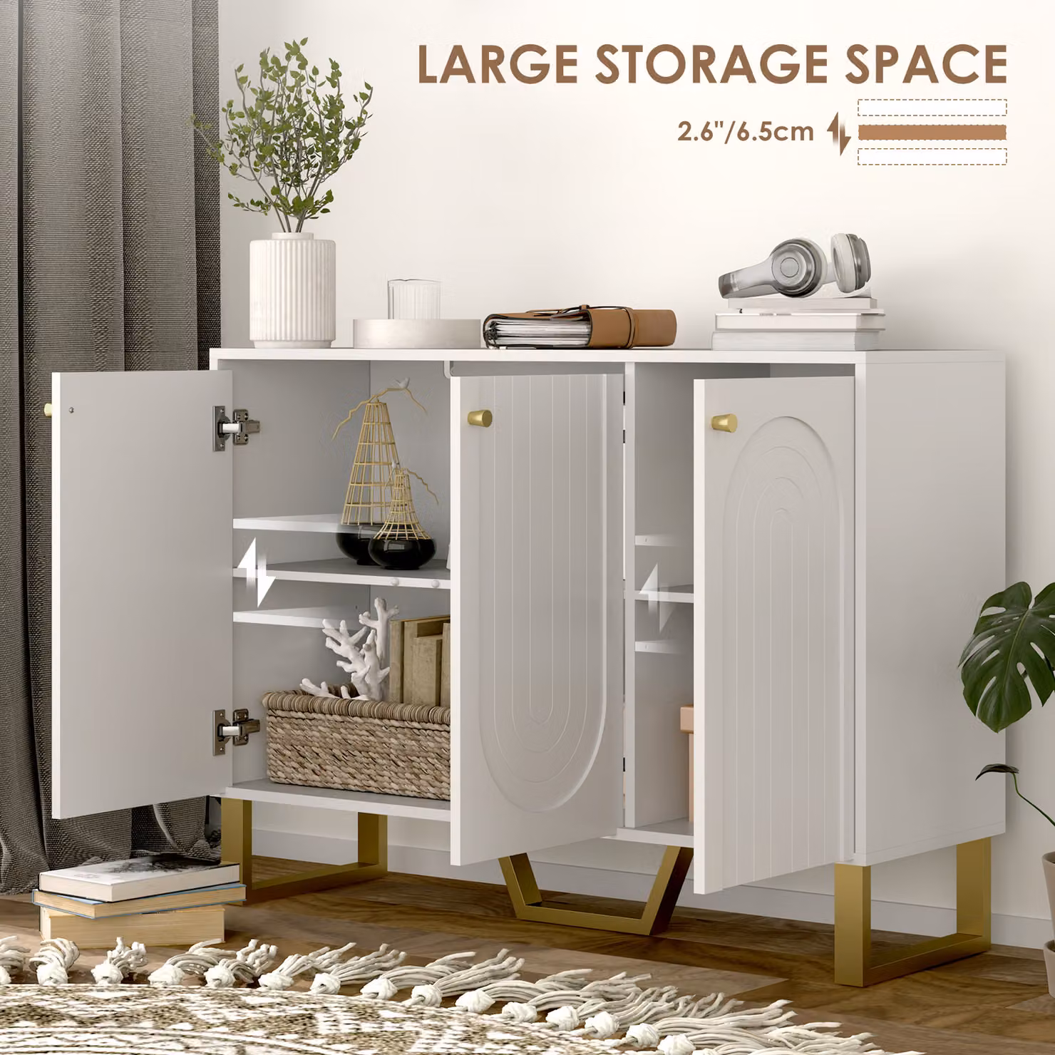 HOMCOM Modern 3-Door Sideboard Storage Cabinet in White and Gold – 3