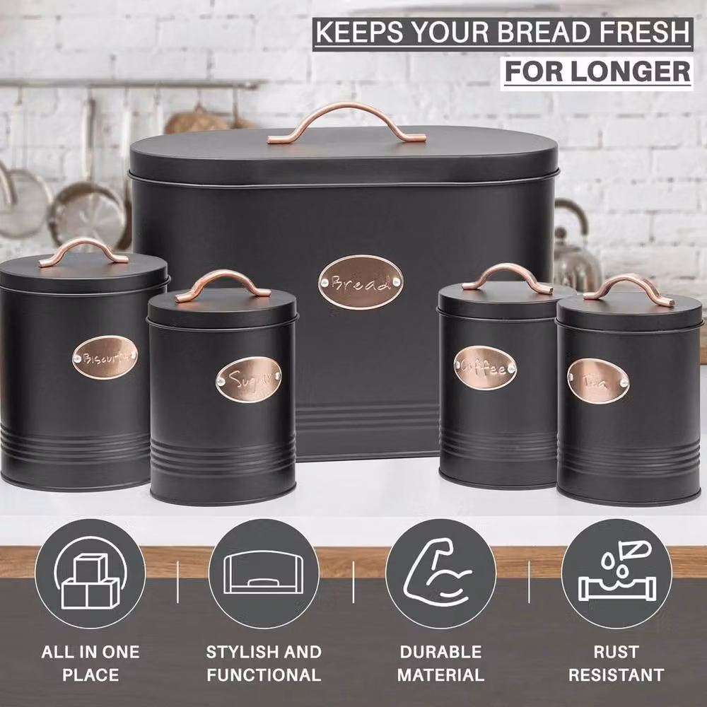SPETLEK 5-Piece Metal Kitchen Bread Bin and Storage Tin Set in Black – 3