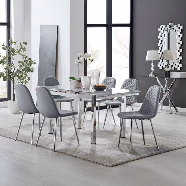 FurnitureboxUK Enna White Glass Extending Rectangular Dining Table and 6 Corona Silver Leg Chairs in Grey